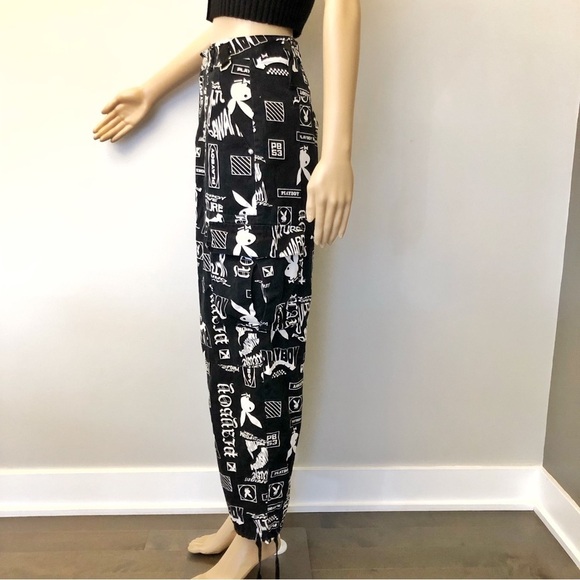 PLAYBOY Y2K Logo Cargo Pockets Black & White High Rise Wide Leg Pants Trousers. - Picture 4 of 16